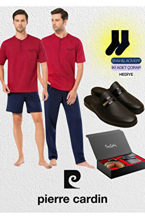 Lacivert Penye 3'lü Kısa Kol Pijama Takımı & Deri Terlik & Kemer Cüzdan Set L1.PC.5370.ST02