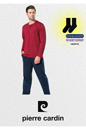 Erkek Penye Bordo 2'li Pijama Takımı (2 Adet Çorap Hediyeli) L1.PC.5454.001