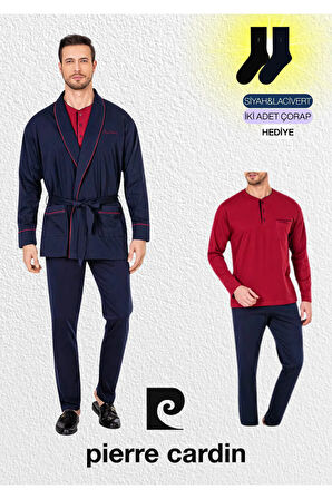Erkek Bordo Penye 3'lü Robdöşambır & Uzun Kollu Pijama Takımı (2 Adet Çorap Hediyeli)