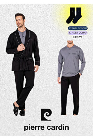 Erkek Bordo Penye 3'lü Robdöşambır & Uzun Kollu Pijama Takımı (2 Adet Çorap Hediyeli)