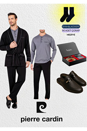 Bordo Penye 3'lü Robdöşambır - Uzun Kollu Pijama Takımı & Deri Terlik & Hakiki Deri Kemer Cüzdan Set