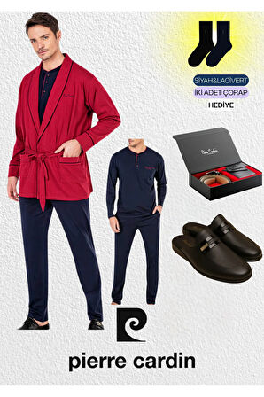 Bordo Penye 3'lü Robdöşambır - Uzun Kollu Pijama Takımı & Deri Terlik & Hakiki Deri Kemer Cüzdan Set