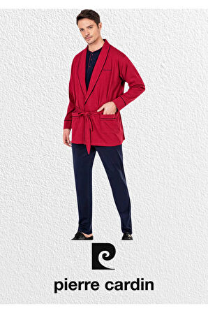 Bordo Penye 3'lü Robdöşambır - Uzun Kollu Pijama Takımı & Deri Terlik & Hakiki Deri Kemer Cüzdan Set