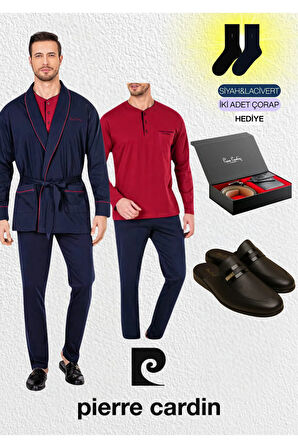 Bordo Penye 3'lü Robdöşambır - Uzun Kollu Pijama Takımı & Deri Terlik & Hakiki Deri Kemer Cüzdan Set