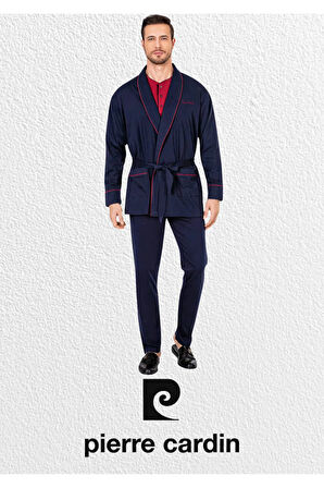 Bordo Penye 3'lü Robdöşambır - Uzun Kollu Pijama Takımı & Deri Terlik & Hakiki Deri Kemer Cüzdan Set