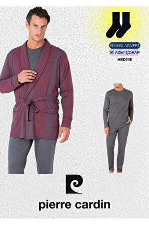 Erkek 3'lü Penye Robdöşambır & Uzun Kollu Pijama Takımı Set (2 Adet Çorap Hediyeli) L1.PC.5635.02