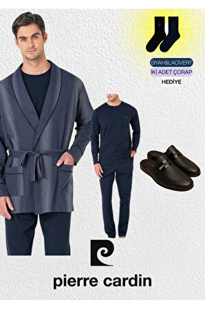 Erkek 3'lü Penye Robdöşambır - Uzun Kollu Pijama Takımı & Deri Terlik (2 Adet Çorap Hediyeli)