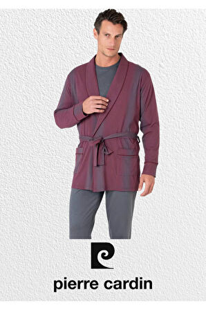 Erkek 3'lü Penye Robdöşambır - Uzun Kollu Pijama Takımı & Deri Terlik & Hakiki Deri Kemer Cüzdan Set