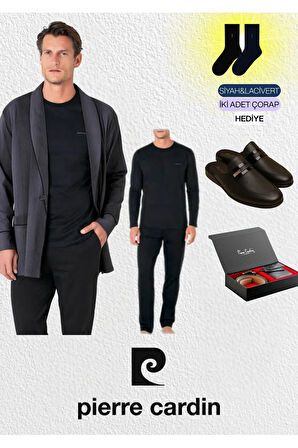 Erkek 3'lü Penye Robdöşambır - Uzun Kollu Pijama Takımı & Deri Terlik & Hakiki Deri Kemer Cüzdan Set