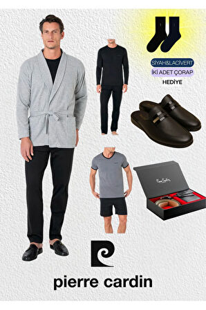 5 Parça Kutulu %100 Pamuk Robdöşambır - Pijama Takımı & Deri Terlik & Hakiki Deri Kemer Cüzdan Set