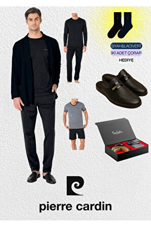 5 Parça Kutulu %100 Pamuk Robdöşambır - Pijama Takımı & Deri Terlik & Hakiki Deri Kemer Cüzdan Set