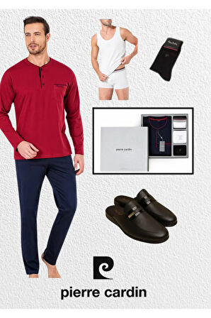 Erkek Giyim Kutulu Çeyizlik Hediyelik Penye Pijama Takımı & Atlet - Boxer & Çorap & Deri Terlik Set