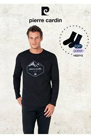 Erkek %100 Pamuk Uzun Kollu Desenli Siyah Pijama Takımı (2 Adet Hediye Çorap) L1.PC.6097.001
