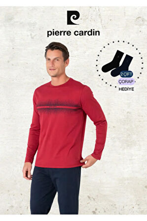 Erkek %100 Pamuk Uzun Kollu Desenli Bordo Pijama Takımı (2 Adet Hediye Çorap) L1.PC.6102.001