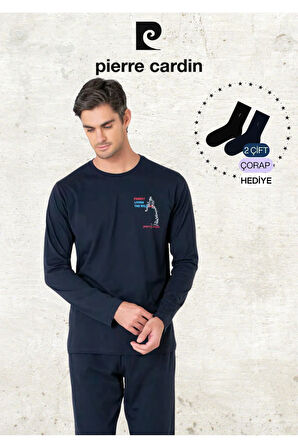 Erkek %100 Pamuk Uzun Kol Baskılı Siyah Pijama Takımı (2 Adet Hediye Çorap) L1.PC.6103.001