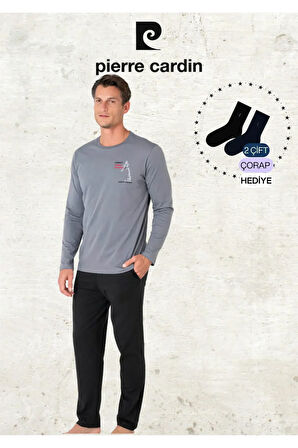 Erkek %100 Pamuk Uzun Kol Baskılı Siyah Pijama Takımı (2 Adet Hediye Çorap) L1.PC.6103.001