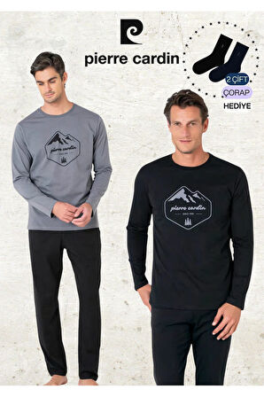 Erkek %100 Pamuk Uzun Kollu Desenli Koyu Gri & Lacivert İki Adet Pijama Takımı L1.PC.6097.002