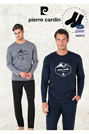 Erkek %100 Pamuk Uzun Kollu Desenli Koyu Gri & Lacivert İki Adet Pijama Takımı L1.PC.6097.002