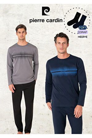 Erkek %100 Pamuk Uzun Kollu Desenli Koyu Gri & Siyah İki Adet Pijama Takımı L1.PC.6102.002