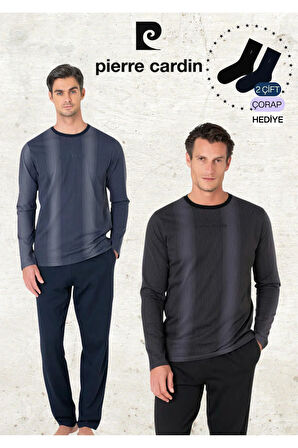 Erkek %100 Pamuk Uzun Kol Çizgi Detaylı Lacivert & Bordo İki Adet Pijama Takımı L1.PC.6105.002