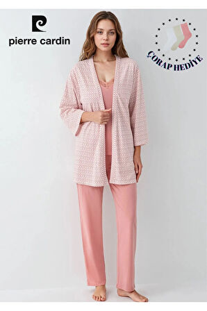 Kadın Modal Kutulu 3 Parça Desenli Pembe Sabahlık & Pijama Takımı Set L1.PC.908.2.001