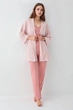 Kadın Modal Kutulu 3 Parça Desenli Pembe Sabahlık & Pijama Takımı Set L1.PC.908.2.001