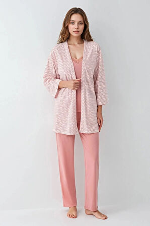 Kadın Modal Kutulu 3 Parça Desenli Pembe Sabahlık & Pijama Takımı Set L1.PC.908.2.001