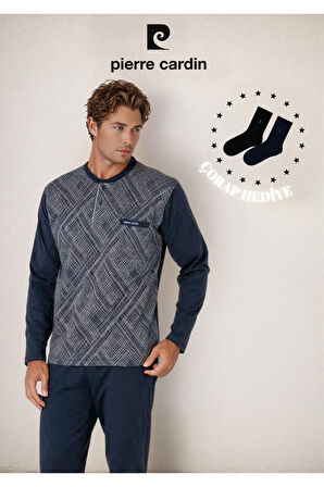 Erkek %100 Pamuk Uzun Kol Jakarlı & Düğme Detaylı Pijama Takımı (2 Adet Hediye Çorap) L1.PC.6108.001