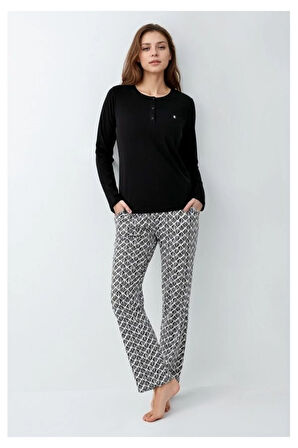 Kadın Giyim Düğme Detaylı Modal & Pamuk Uzun Kol 2'li Pijama Takımı L1.PC.9086.001