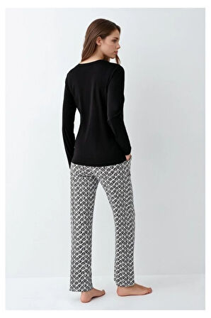 Kadın Giyim Düğme Detaylı Modal & Pamuk Uzun Kol 2'li Pijama Takımı L1.PC.9086.001