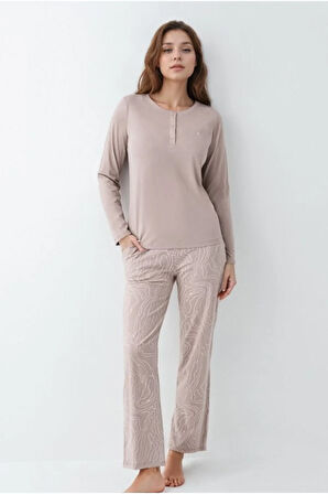 Kadın Giyim Düğme Detaylı Modal & Pamuk Uzun Kol 2'li Pijama Takımı L1.PC.9086.001