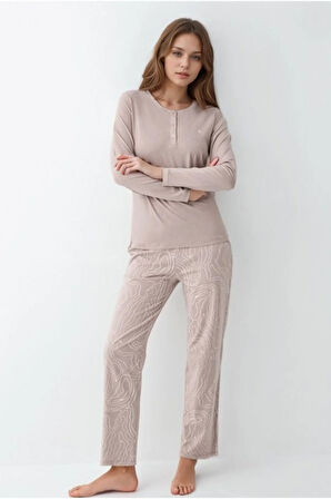 Kadın Giyim Düğme Detaylı Modal & Pamuk Uzun Kol 2'li Pijama Takımı L1.PC.9086.001