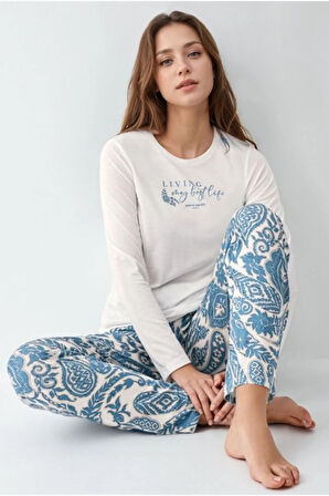 Kadın Giyim Uzun Kollu Modal & Pamuk 2'li Beyaz Pijama Takımı L1.PC.9074.001