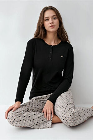 Kadın Giyim Düğme Detaylı Modal & Pamuk Uzun Kol 2'li Siyah Pijama Takımı L1.PC.9102.001