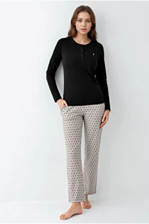 Kadın Giyim Düğme Detaylı Modal & Pamuk Uzun Kol 2'li Siyah Pijama Takımı L1.PC.9102.001