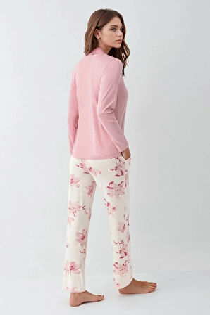 Kadın Giyim Düğme Detaylı Modal & Pamuk Uzun Kol 2'li Pembe Pijama Takımı L1.PC.9055.001