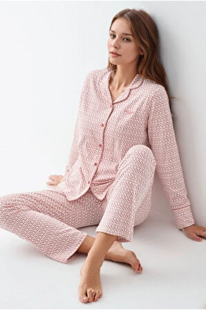 Kadın Giyim Modal & Pamuk Uzun Kollu 2'li Pembe Gömlek Pijama Takımı L1.PC.9081.001