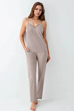 Kadın Giyim Modal 3 Parça Vizon Sabahlık & Pijama Takımı L1.PC.9099.001