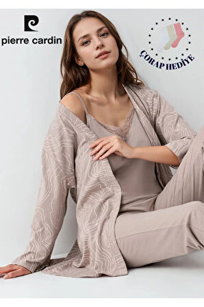 Kadın Giyim Modal 3 Parça Vizon Sabahlık & Pijama Takımı L1.PC.9099.001