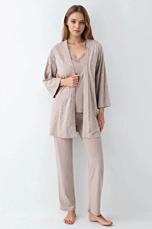 Kadın Giyim Modal 3 Parça Vizon Sabahlık & Pijama Takımı L1.PC.9099.001