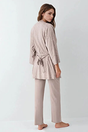 Kadın Giyim Modal 3 Parça Vizon Sabahlık & Pijama Takımı L1.PC.9099.001