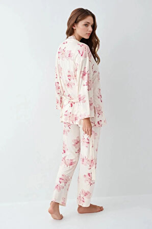 Kadın Modal Kutulu 3 Parça Desenli Sabahlık & Pijama Takımı Set L1.PC.905.8.001