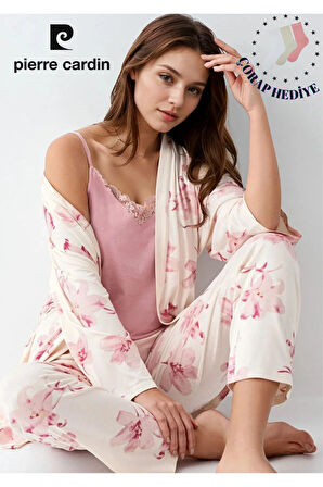 Kadın Modal Kutulu 3 Parça Desenli Sabahlık & Pijama Takımı Set L1.PC.905.8.001