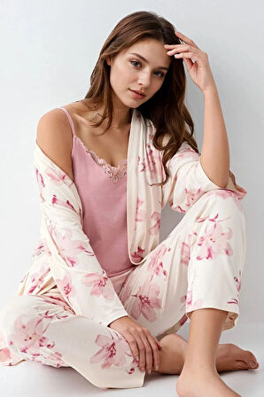 Kadın Modal Kutulu 3 Parça Desenli Sabahlık & Pijama Takımı Set L1.PC.905.8.001