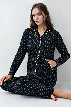 Kadın Giyim Pamuklu & Modal Kutulu Lacivert Gömlek Pijama Takımı L1.PC.909.2.001