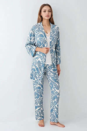 Kadın Modal Kutulu 3 Parça Desenli Sabahlık & Pijama Takımı Set L1.PC.907.7.001