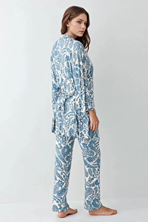 Kadın Modal Kutulu 3 Parça Desenli Sabahlık & Pijama Takımı Set L1.PC.907.7.001