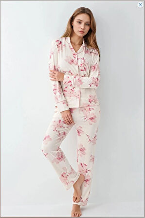 Kadın Giyim Kutulu Modal & Pamuk Çiçek Desenli Gömlek Pijama Takımı OL.PC.905.6.001