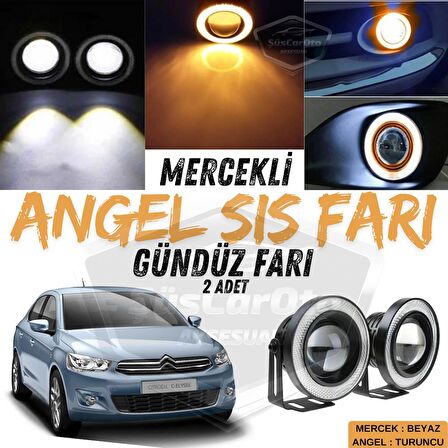 Citroen C Elysee 2012-2023 Uyumlu Üniversal Mercekli Angel Sis Farı Metal Su Geçirmez 76 mm Turuncu Halkalı Gündüz Farı Angel Eyes 2 Adet