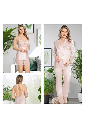 Saten 6'lı Pijama & Gecelik & Sabahlık & Şort & Büstiyer Hediyelik Çeyizlik Set L1.JJ.0042.0A.12.01